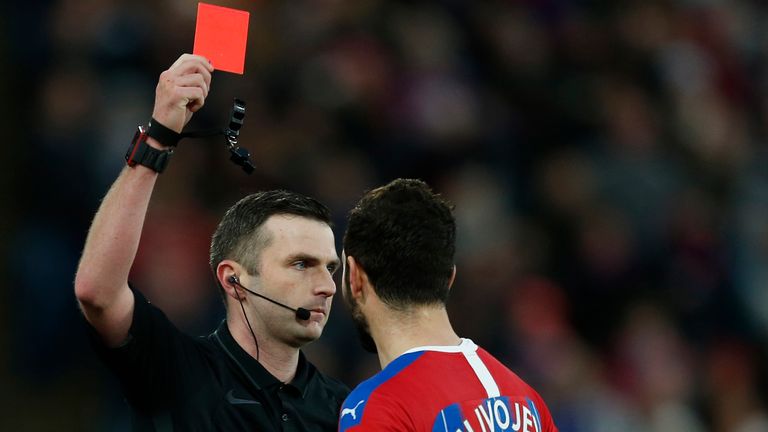 Crystal Palace's Serbian midfielder Luka Milivojevic receives a red card during the English FA Cup third round football match between Crystal Palace and Derby County at Selhurst Park in south London on January 5, 2020.
