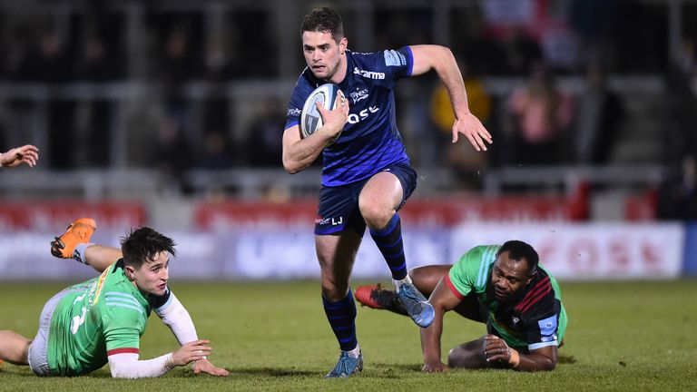 SALFORD, ENGLAND - JANUARY 03: Luke James of Sale Sharks breaks through the defense to score their third try of the game during the Gallagher Premiership Rugby match between Sale Sharks and Harlequins at AJ Bell Stadium on January 03, 2020 in Salford, England. (Photo by Nathan Stirk/Getty Images)