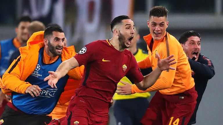 Kostas Manolas celebrates his goal as Roma knocked out Barca in 2018