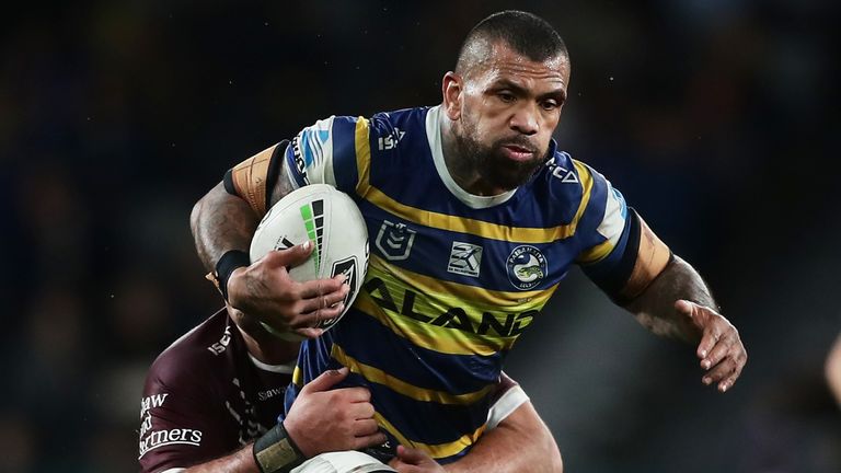 SYDNEY, AUSTRALIA - SEPTEMBER 06: Manu Ma’u of the Eels is tackled during the round 25 NRL match between the Parramatta Eels and the Manly Sea Eagles at Bankwest Stadium on September 06, 2019 in Sydney, Australia. (Photo by Matt King/Getty Images)