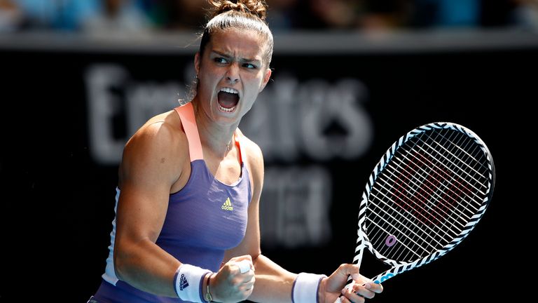 Maria Sakkari of Greece celebrates after winning a point during her Women's Singles third round match against Madison Keys of the United States on day five of the 2020 Australian Open at Melbourne Park on January 24, 2020 in Melbourne, Australia.