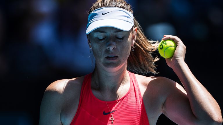 Maria Sharapova of Russia in between points in her first round match against Donna Vekic of Croatia on day two of the 2020 Australian Open at Melbourne Park on January 21, 2020 in Melbourne, Australia.