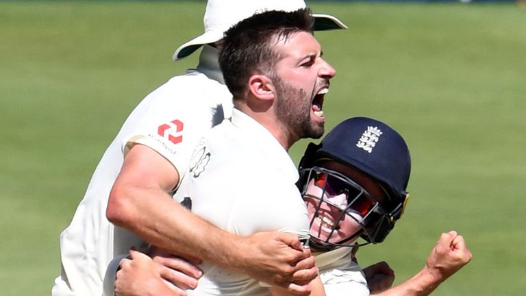 Mark Wood and Ollie Pope of England celebrates the wicket of Rassie van der Dussen of the Proteas during day 4 of the 4th Test match between South Africa and England at Imperial Wanderers Stadium on January 27, 2020 in Johannesburg, South Africa. (Photo by Lee Warren/Gallo Images)