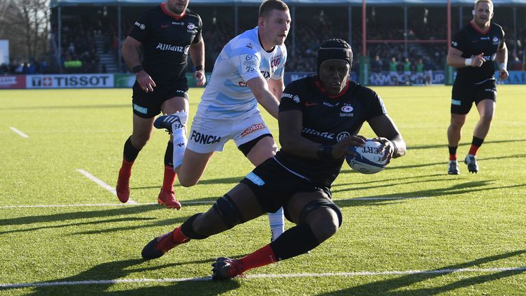 Maro Itoje scores for Saracens against Racing 92