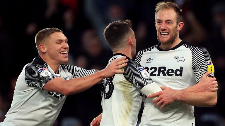 Derby County's Matt Clarke (right) celebrates scoring his side's winner