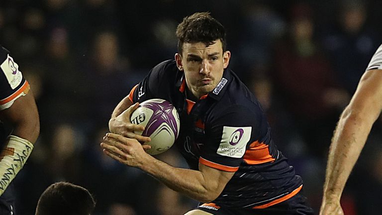 EDINBURGH, SCOTLAND - NOVEMBER 22: Matt Scott of Edinburgh Rugby holds off Alexandre Flanquart of Bordeaux during the European Rugby Challenge Cup Round 2 match between Edinburgh Rugby and Bordeaux Begles at Murrayfield Stadium on November 22, 2019 in Edinburgh, Scotland. (Photo by Ian MacNicol/Getty Images)