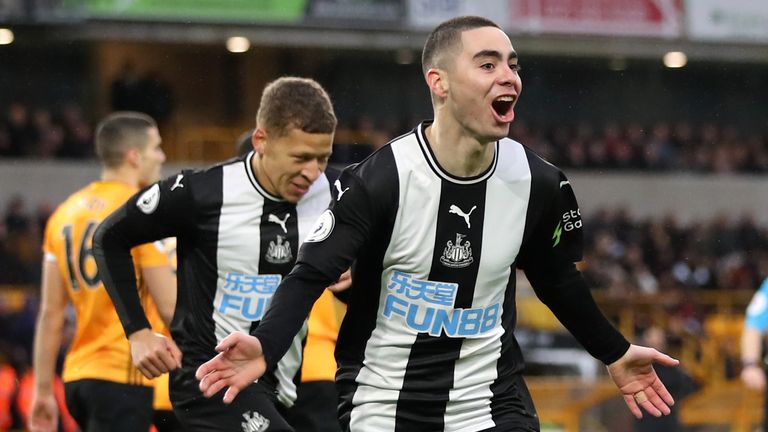 Miguel Almiron celebrates after giving Newcastle and early lead at Wolves
