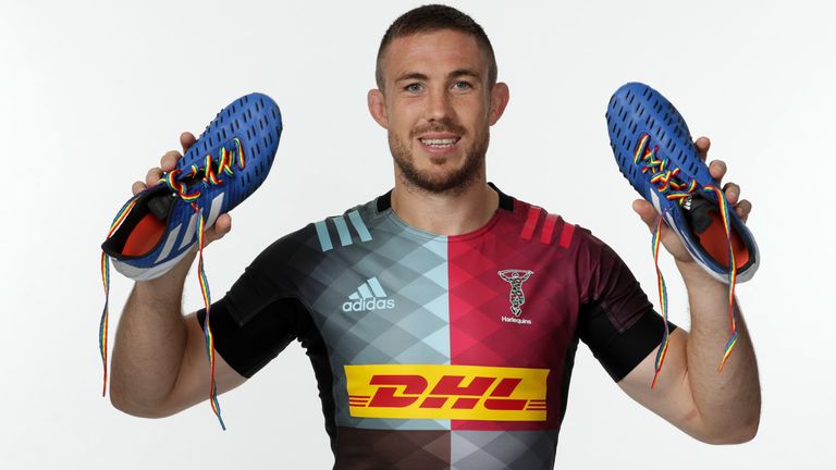 LONDON, ENGLAND - SEPTEMBER 11: Mike Brown of Harlequins poses for a portrait with rainbow laces on his boots in support of the Stonewall Rainbow Laces Campaign, promoting equality and diversity in sport during the Gallagher Premiership Rugby 2019-20 Season Launch at Twickenham Stadium on September 11, 2019 in London, England. This coming weekend all six Gallagher Premiership Rugby matches will be dedicated to Stonewall’s Rainbow Laces campaign