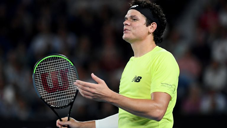 Milos Raonic of Canada reacts during his Men’s Singles Quarterfinal match against Novak Djokovic of Serbia on day nine of the 2020 Australian Open at Melbourne Park on January 28, 2020 in Melbourne, Australia