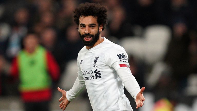 Mo Salah celebrates after putting Liverpool 1-0 up at West Ham 