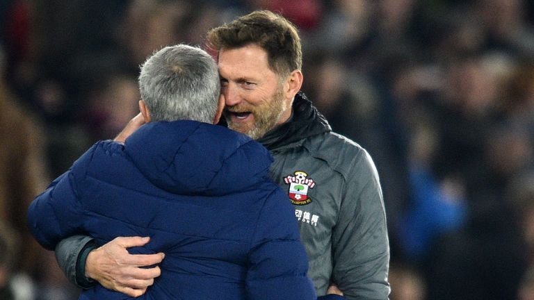 Jose Mourinho (L) hugs Ralph Hasenhuttl (R) at the final whistle