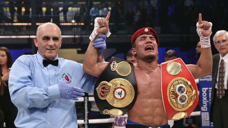 January 29, 2020; Miami, FL, USA; WBA/IBF super bantamweight champion Daniel Roman and Murodjon Akhmadaliev during their January 30th Matchroom Boxing USA bout at The Meridian.  Mandatory Credit: Ed Mulholland/Matchroom Boxing USA