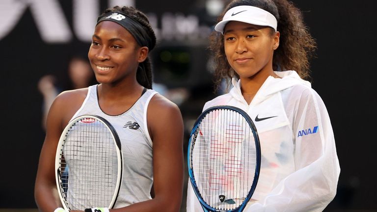Japan's Naomi Osaka (R) and Coco Gauff of the US pose for a photo prior to their women's singles match on day five of the Australian Open tennis tournament in Melbourne on January 24, 2020