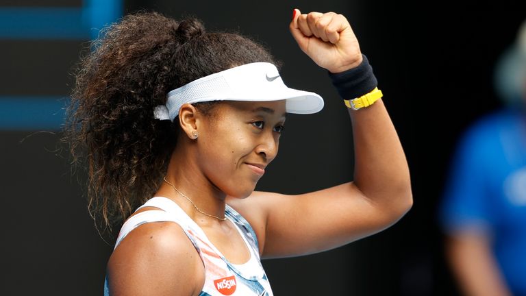 Naomi Osaka of Japan reacts during her Women's Singles first round match against Marie Bouzkova of the Czech Republic on day one of the 2020 Australian Open at Melbourne Park on January 20, 2020 in Melbourne, Australia