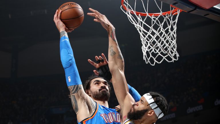 Steven Adams #12 of the Oklahoma City Thunder drives to the basket against the Los Angeles Lakers on January 11, 2020 at Chesapeake Energy Arena in Oklahoma City, Oklahoma.