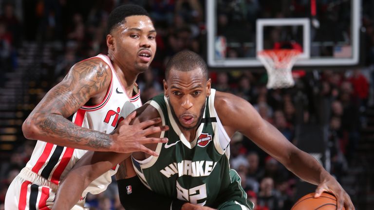 Khris Middleton #22 of the Milwaukee Bucks drives to the basket against the Portland Trail Blazers on January 11, 2020 at the Moda Center Arena in Portland, Oregon. 