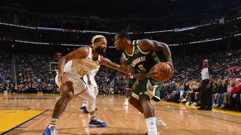 Eric Bledsoe #6 of the Milwaukee Bucks handles the ball against the Golden State Warriors on January 8, 2020 at Chase Center in San Francisco, California. 