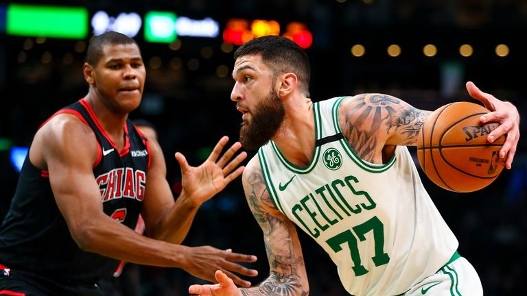 Vincent Poirier #77 of the Boston Celtics drives to the basket during a game against the Chicago Bulls at TD Garden on January 13, 2019 in Boston, Massachusetts.