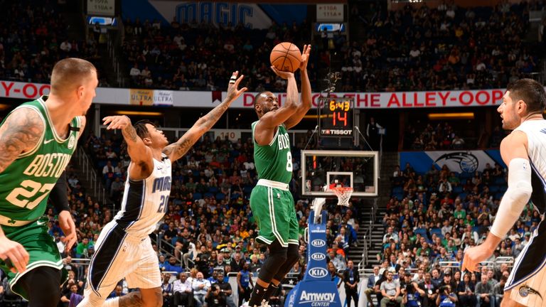 Kemba Walker #8 of the Boston Celtics shoots the ball against the Orlando Magic on January 24, 2020 at Amway Center in Orlando, Florida. 