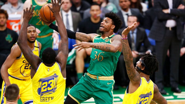 Marcus Smart #36 of the Boston Celtics drives to the basket during the second quarter of the game against the Golden State Warriors at TD Garden on January 30, 2020 in Boston, Massachusetts. 