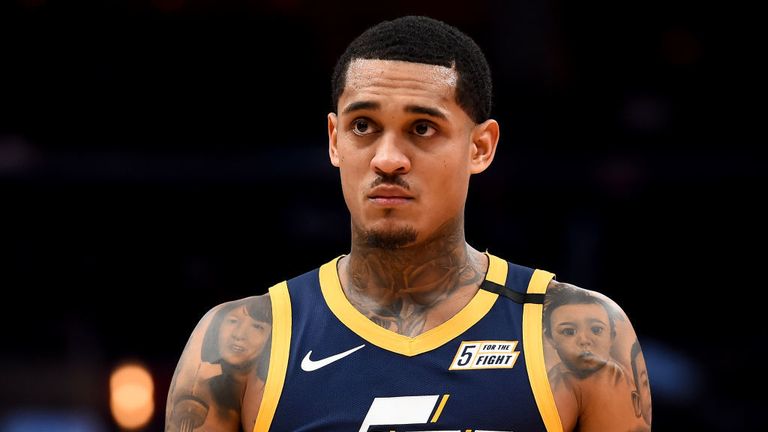Jordan Clarkson #00 of the Utah Jazz looks on during the game against the Washington Wizards at Capital One Arena on January 12, 2020 in Washington, DC. 