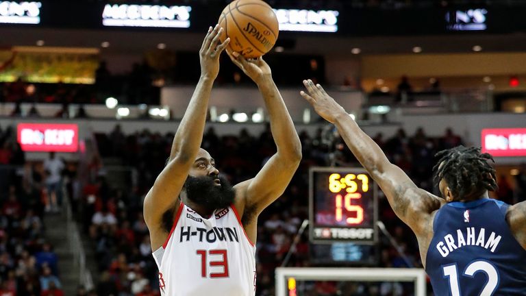 James Harden #13 of the Houston Rockets drives to the basket defended by Robert Covington #33 of the Minnesota Timberwolves in the first half at Toyota Center on January 11, 2020 in Houston, Texas. 