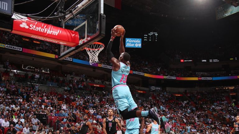 Bam Adebayo #13 of the Miami Heat drives to the basket during the game against the LA Clippers on January 24, 2020 at American Airlines Arena in Miami, Florida. 