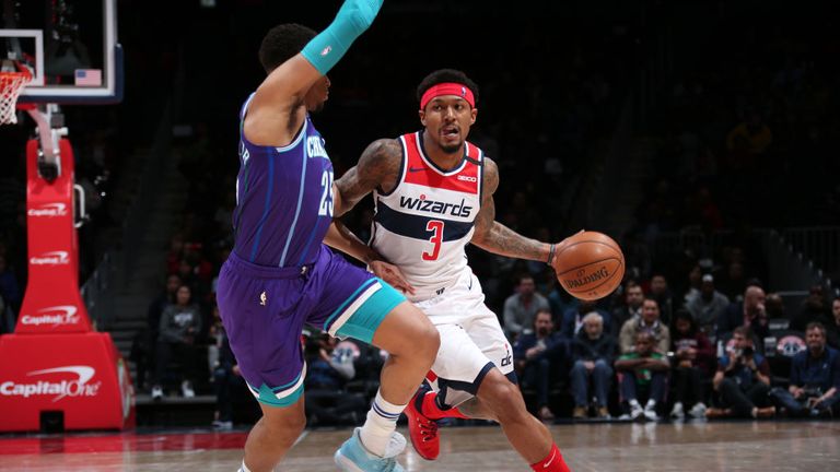 Bradley Beal #3 of the Washington Wizards drives to the basket against the Charlotte Hornets on January 30, 2020 at Capital One Arena in Washington, DC.