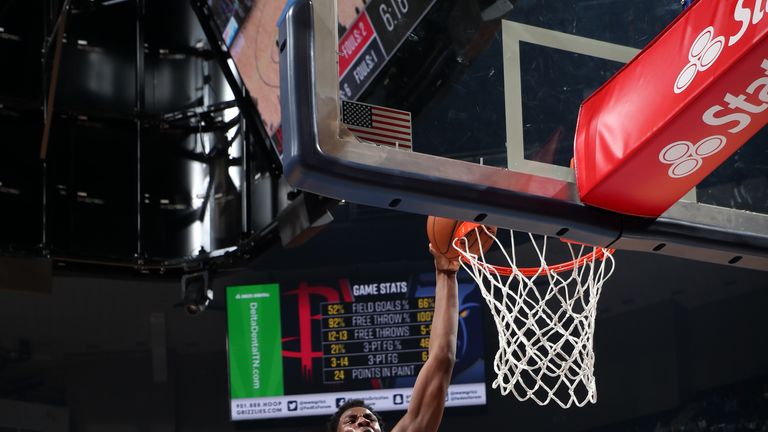 Jaren Jackson Jr. #13 of the Memphis Grizzlies dunks the ball against the Houston Rockets on January 14, 2020 at FedExForum in Memphis, Tennessee. 