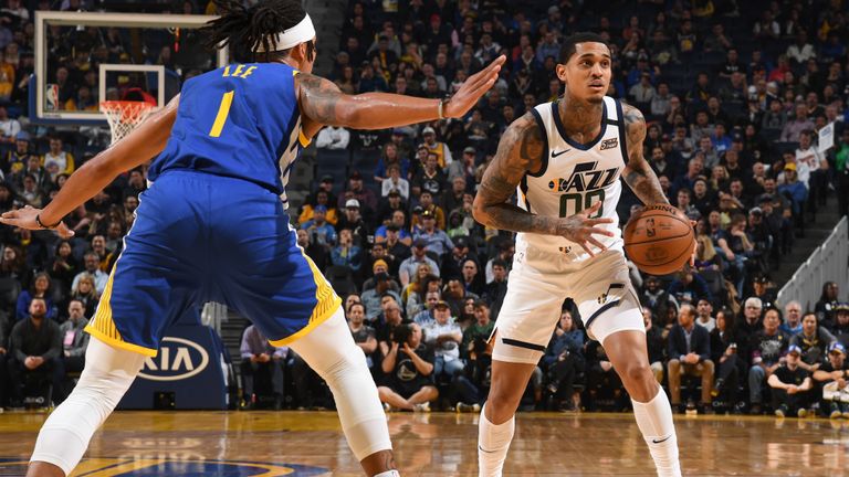 Jordan Clarkson #00 of the Utah Jazz handles the ball against the Golden State Warriors on January 22, 2020 at Chase Center in San Francisco, California. 