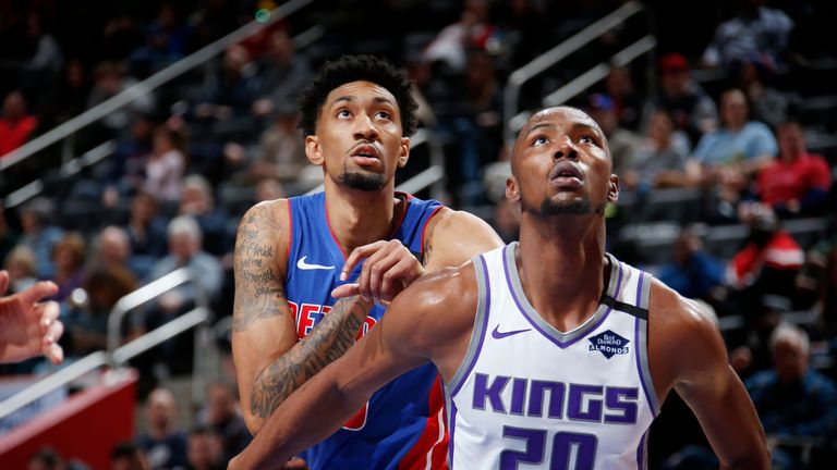 Harry Giles III #20 of the Sacramento Kings and Christian Wood #35 of the Detroit Pistons on January 22, 2020 at Little Caesars Arena in Detroit, Michigan. 