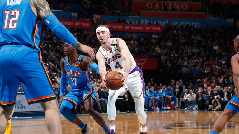 Alex Caruso #4 of the Los Angeles Lakers drives to the basket against the Oklahoma City Thunder on January 11, 2020 at Chesapeake Energy Arena in Oklahoma City, Oklahoma. 