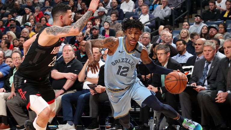 Ja Morant #12 of the Memphis Grizzlies handles the ball against the Houston Rockets on January 14, 2020 at FedExForum in Memphis, Tennessee. 
