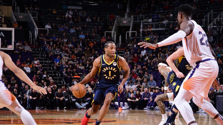 T.J. Warren #1 of the Indiana Pacers handles the ball against the Phoenix Suns on January 22, 2020 at Talking Stick Resort Arena in Phoenix, Arizona. 
