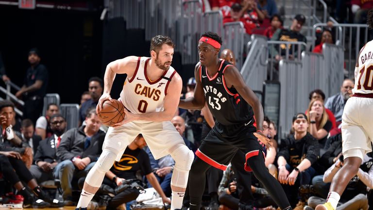 Kevin Love #0 of the Cleveland Cavaliers handles the ball against Pascal Siakam #43 of the Toronto Raptors on January 30, 2020 at Rocket Mortgage FieldHouse in Cleveland, Ohio.