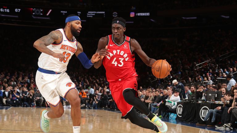 Pascal Siakam #43 of the Toronto Raptors handles the ball against the New York Knicks on January 24, 2020 at Madison Square Garden in New York City, New York. 