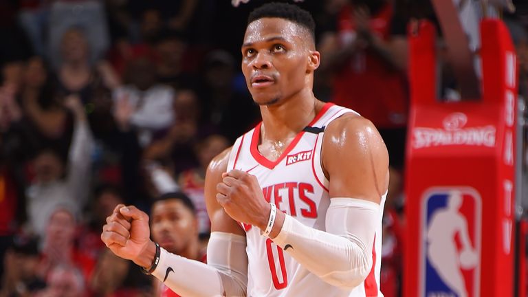 Russell Westbrook reacts during a game against the Portland Trail Blazers