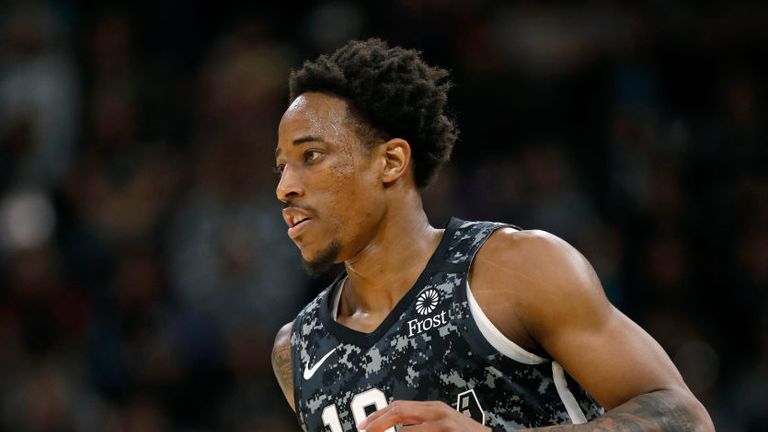 DeMar DeRozan #10 of the San Antonio Spurs heads up court during an NBA game against the Phoenix Suns at the AT&T Center on January 24, 2020 in San Antonio, Texas.