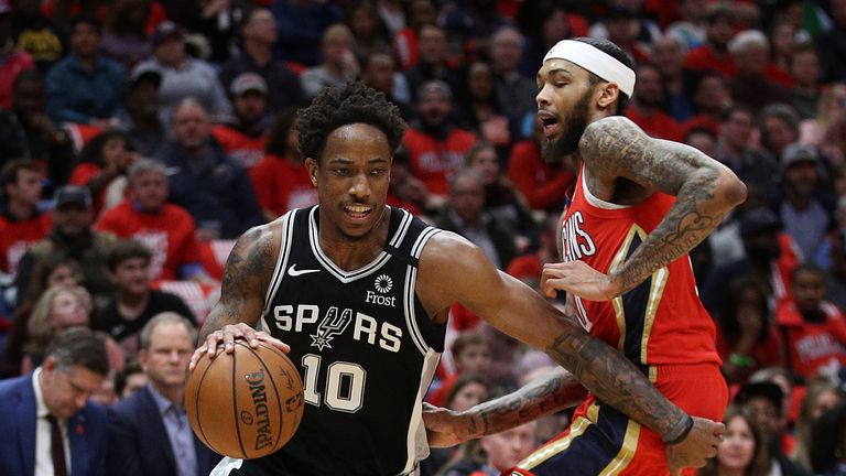 DeMar DeRozan #10 of the San Antonio Spurs drives the ball around Brandon Ingram #14 of the New Orleans Pelicans at Smoothie King Center on January 22, 2020 in New Orleans, Louisiana. 