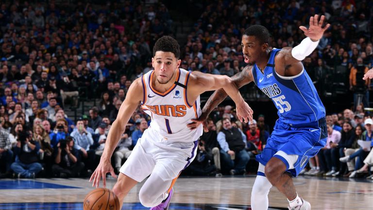 Devin Booker #1 of the Phoenix Suns drives to the basket against the Dallas Mavericks on January 28, 2020 at the American Airlines Center in Dallas, Texas. 