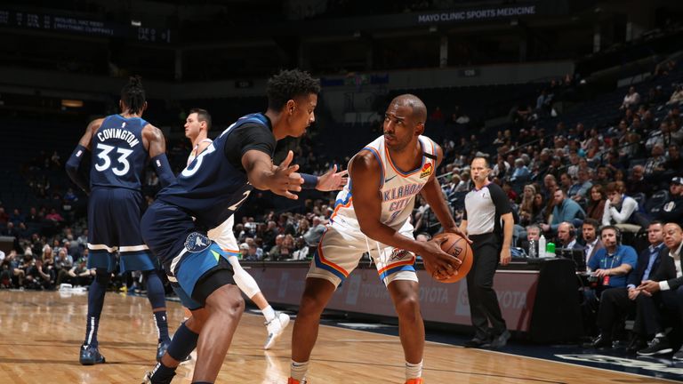 Chris Paul #3 of the Oklahoma City Thunder handles the ball against the Minnesota Timberwolves on January 13, 2020 at Target Center in Minneapolis, Minnesota.