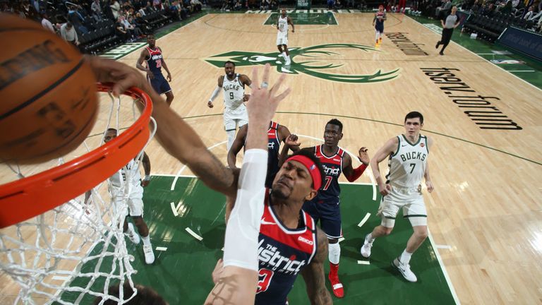 Bradley Beal #3 of the Washington Wizards goes up for a dunk during the game against the Milwaukee Bucks on January 28, 2020 at the Fiserv Forum Center in Milwaukee, Wisconsin.