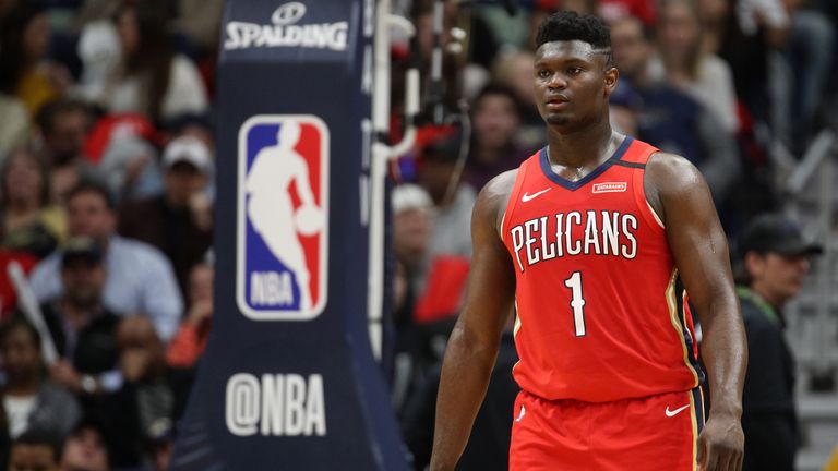 Zion Williamson #1 of the New Orleans Pelicans looks on during the game against the San Antonio Spurs at Smoothie King Center on January 22, 2020 in New Orleans, Louisiana.