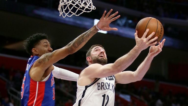 Joe Harris #12 of the Brooklyn Nets takes a shot against Christian Wood #35 of the Detroit Pistons during the second half at Little Caesars Arena on January 25, 2020, in Detroit, Michigan. 