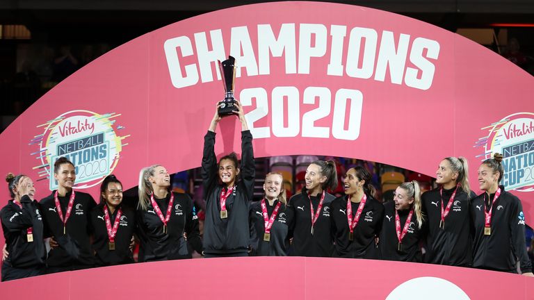 New Zealand lift the trophy after their teams victory in the vitality Netball Nations Cup 2020 match between New Zealand Silver Ferns and Jamaica Sunshine Girls at Copper Box Arena