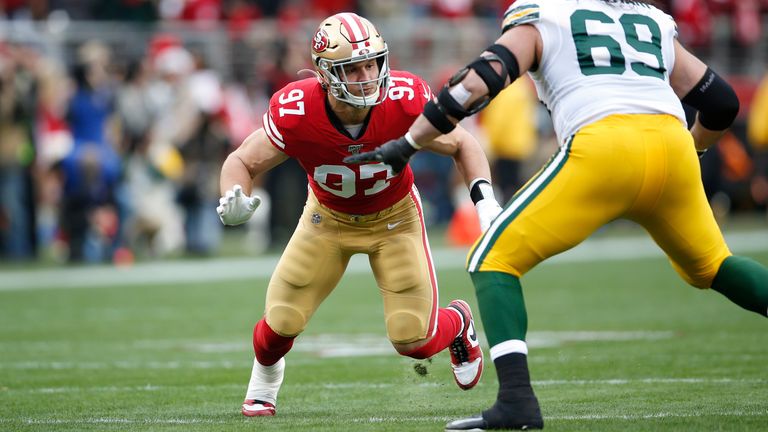 SANTA CLARA, CA - JANUARY 19: Nick Bosa #97 of the San Francisco 49ers rushes the quarterback during the game against the Green Bay Packers at Levi's Stadium on January 19, 2020 in Santa Clara, California. The 49ers defeated the Packers 37-20. (Photo by Michael Zagaris/San Francisco 49ers/Getty Images)  *** Local Caption *** Nick Bosa