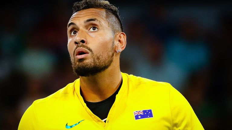 Nick Kyrgios of Australia reacts during the men's singles match on day five of the ATP Cup tennis tournament against Stefanos Tsitsipas of Greece in Brisbane on January 7, 2020