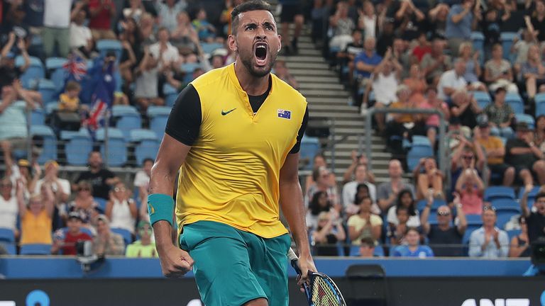 Nick Kyrgios celebrates winning a point during their quarter final doubles match against Jamie Murray and Joe Salisbury of Great Britain during day seven of the 2020 ATP Cup at Ken Rosewall Arena on January 09, 2020 in Sydney, Australia.