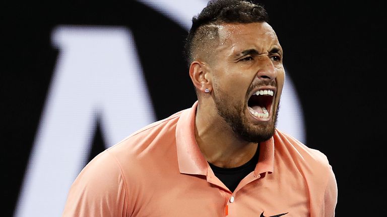 Nick Kyrgios of Australia reacts during his Men's Singles first round match against Lorenzo Sonego of Italy on day two of the 2020 Australian Open at Melbourne Park on January 21, 2020 in Melbourne, Australia. 