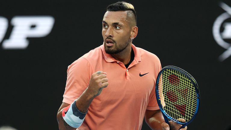 Nick Kyrgios of Australia celebrates after winning a point during his Men's Singles fourth round match against Rafael Nadal of Spain on day eight of the 2020 Australian Open at Melbourne Park on January 27, 2020 in Melbourne, Australia. 